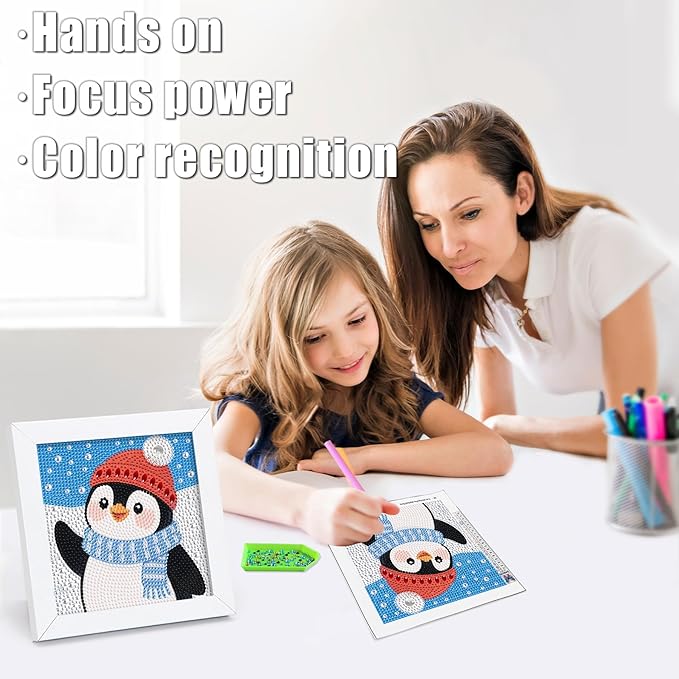 geesfayan Diamond Art Kits for Kids Ages 8-12,6 Inch DIY Gem Art Painting with 7 Inch Frame, Complete Starter Kit for Beginners, Creative Arts & Crafts Gift for Girls & Boys (Christmas Penguin)