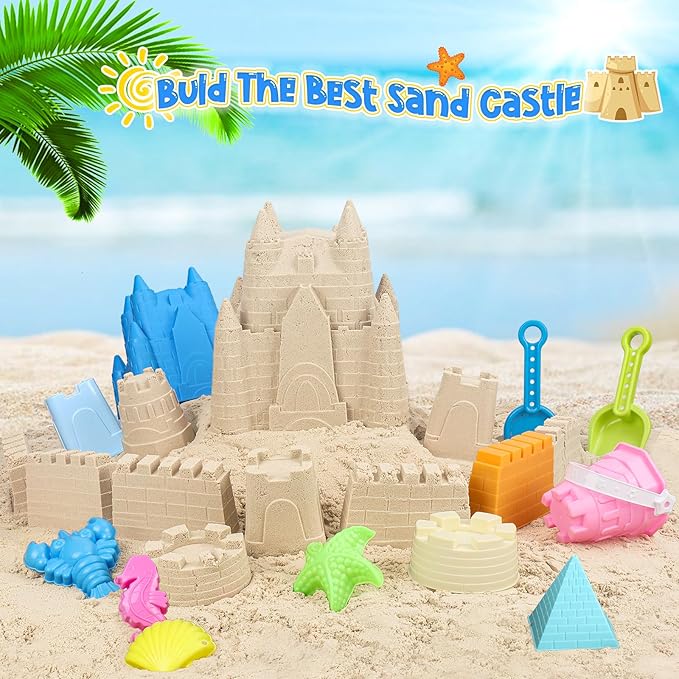 Beach Toys Sand Toys for Kids, Sand Castle Toys with Castle Bucket, Sand Molds, Shovel and Rake, Sandbox Toy for Toddlers 1-3 4 5 6 7 8 9 10 12, Beach Summer Accessories for Kids