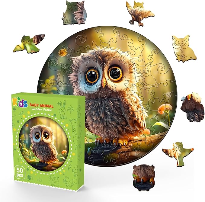 Wooden Puzzles for Kids Ages 6-8 - 50 Pieces Cute Owl Puzzle - Unique Animal Shaped Puzzles Ages 5-8 - Birthday Gift for Kids(11.4x11.4in)