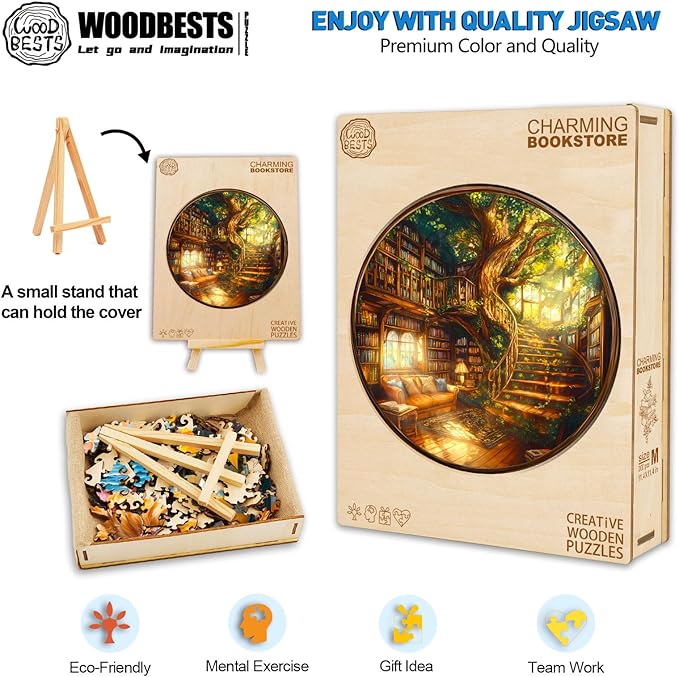 WOODBESTS Wooden Puzzles for Adults, Charming Bookstore Wood Puzzles Adult(200 Pieces, M, 11.4 * 11.4in), Unique Shape Wooden Animal Jigsaw Puzzles, Birthday Gifts for Adults Family Game
