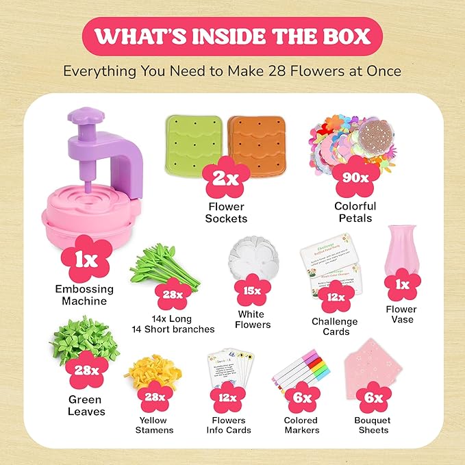 Fabric Flower Bouquets Toys for Girls - DIY Kits for Kids w/ Markers & Challenge Cards - Arts & Crafts for 3 4 5 6 7 8 9 10 Year Old Girl - Educational Toys - Art and Craft Kits for Girls