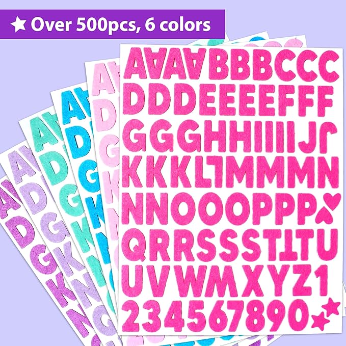 KRAFUN Felt Sticker Kit for Beginner Young Girls and Kids Arts & Crafts, Pack of 500+ Assorted Scrapbook Stickers Alphabets, Numbers, Fun Shapes, Preschool, Children Early Learning, self Adhesive