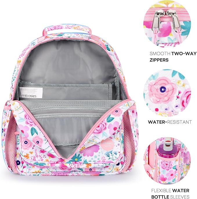 mibasies Kids Backpack for Girls: Girls Backpack 5-8 - Kindergarten Elementary School Bookbag for Girl - Flower Pink