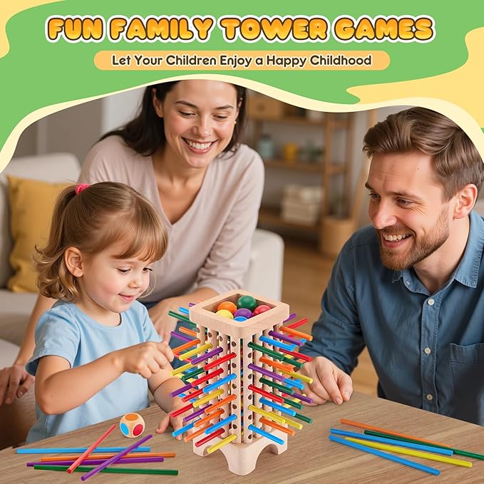 Montessori Game Wooden Board Games, 42 Colorful Sticks Dice Game Math Learning Toys for 3 4 5 6 Year Olds, Builds Fine Motor Skills & Counting, Family Travel Games for 3 Year Olds Gift for Kids