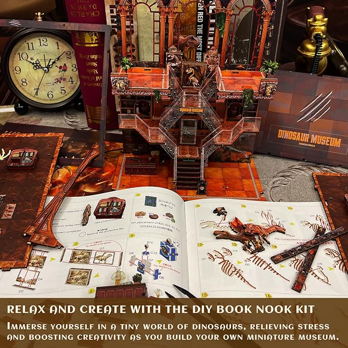 DIY Wooden Puzzle with Night Light, Miniature House Kits, Stunning Bookshelf Insert Decor, Ideal Gift for Holidays, Birthdays, and Home Library Decoration(Dinosaur Museum)