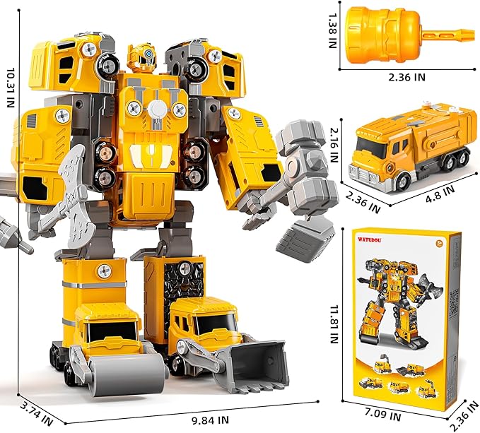 Toys for Ages 5-7, 5-in-1 Take Apart Construction Vehicle Trucks Transform to Robot, 5 6 7 8 Year Old Boy Christmas Birthday Gift Ideas, Robot Toys for Kids 4-8