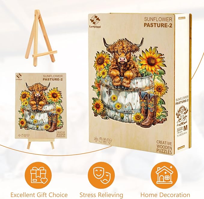 Wooden Puzzles for Adults, Wooden Jigsaw Puzzles for Adults Kids, Sunflower Pasture-2 Unique Shaped Wood Puzzles Adult, Creative Birthday Gifts for Friends Family Game (11.4 * 10.4in 195pcs)