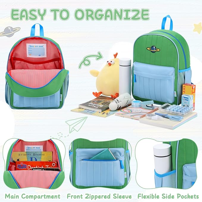 VASCHY Kids Backpack for Boys, Lightweight Quilted Color-blocked Bookbag Preschool Backpack for Kindergarten Children Green Blue