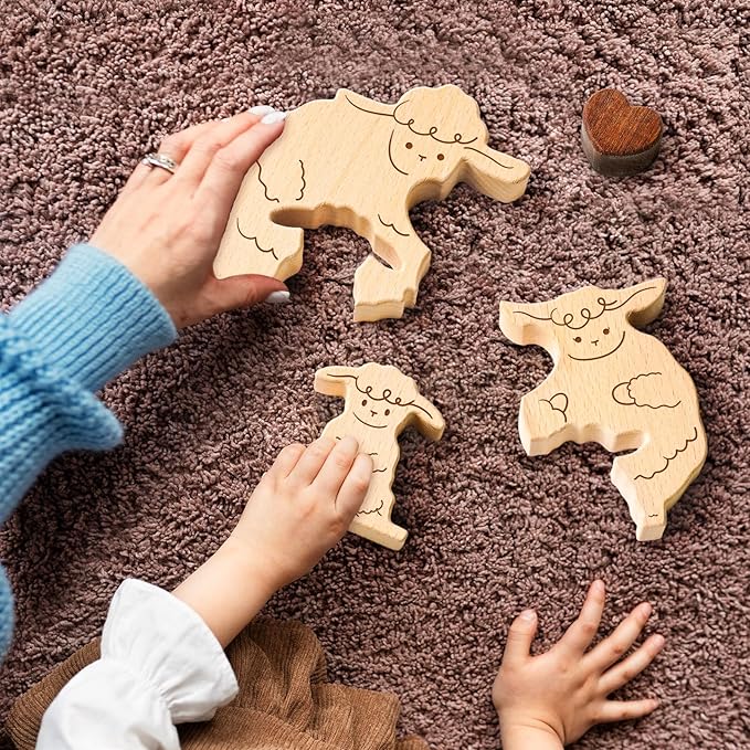 Wooden Sheep Family Puzzle Games, Personalized 4 Name Puzzle for Home Crafts Decor, House Warming Birthday Party Gifts for Mom Dad Grandma Kids New Baby, Wooden Bear Family