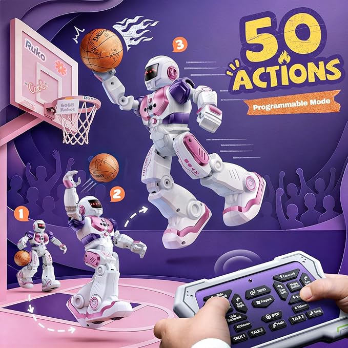 Ruko 6088 RC Robot Toys for Kids, Smart Gesture Sensing Interactive, Singing Dancing Rechargeable Programmable, Gifts for Girls & Boys 3 4 5 6 Years Old, Pink