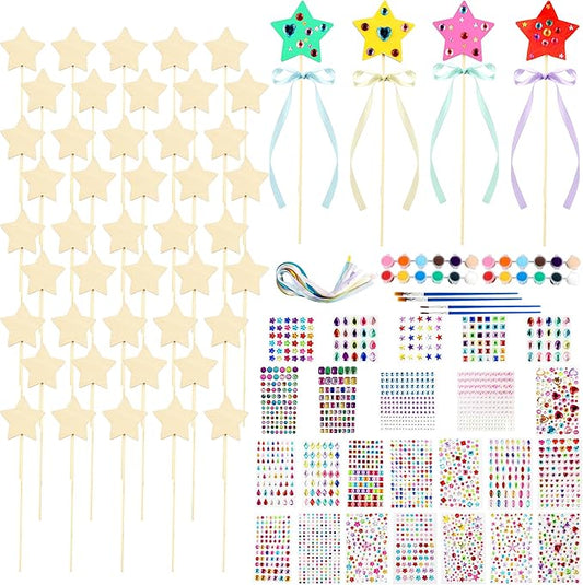 122 Pcs Unfinished Star Princess Fairy Wands Kit Make Your Own Princess Wand DIY Art Craft Magical Wand Include 48 Star Wooden Fairy Wands 24 Gem Stickers 48 Ribbons 12 Markers for Kids Party Supplies