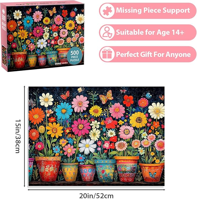 500 Piece Jigsaw Puzzle for Adults - Colorful Flower Puzzle 500 Pieces for Adults Elderly Kids, Recycled Cardboard Challenging Puzzle Perfect for Game Nights - Finished Size is 20.5 x 15 Home Decor