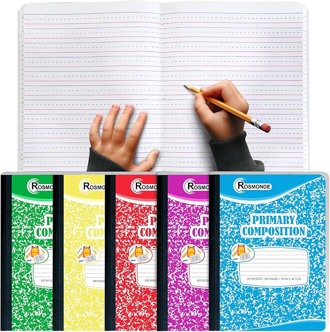 5 Pack Primary Composition Notebooks, 200 Pages (100 Sheets), Grades K-2 Writing Workbook, 9-3/4" x 7-1/2", Primary Composition Notebook for Kids, Writing Dotted Lined, Assorted Marble