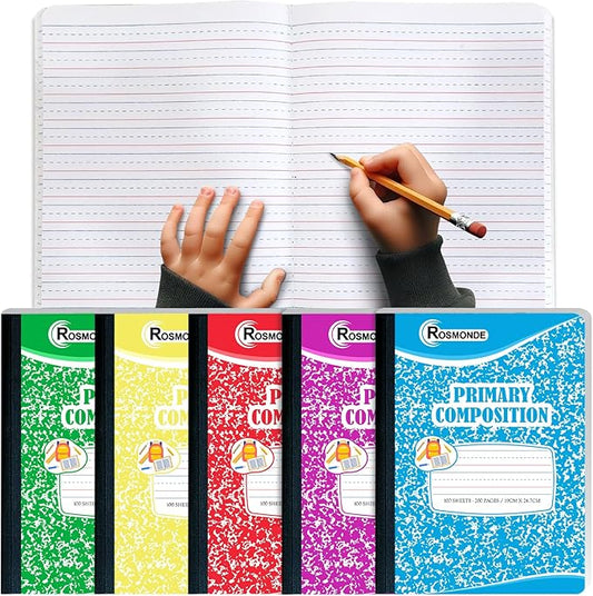 5 Pack Primary Composition Notebooks, 200 Pages (100 Sheets), Grades K-2 Writing Workbook, 9-3/4" x 7-1/2", Primary Composition Notebook for Kids, Writing Dotted Lined, Assorted Marble