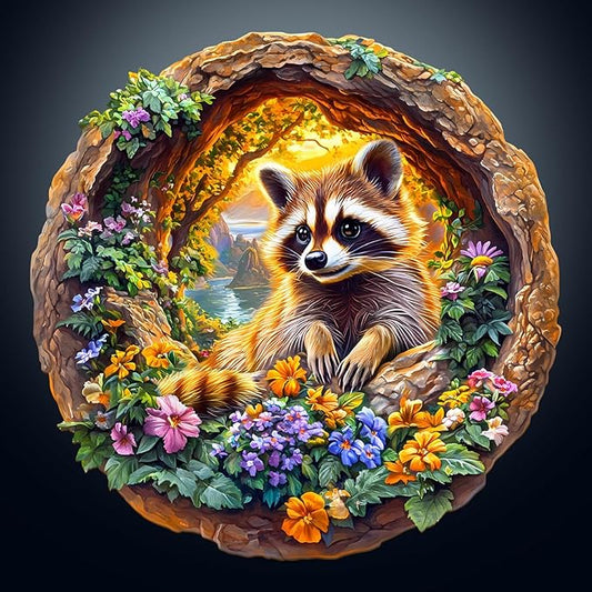 KAAYEE Wooden Puzzles for Adults, 3D Visual Effect Raccoon on Vacation Wooden Jigsaw Puzzle Unique Shape Wood Puzzle Adult, 3D Effect Flat Puzzle Birthday Family Game (M-11.4 * 11.3 in-200pcs)