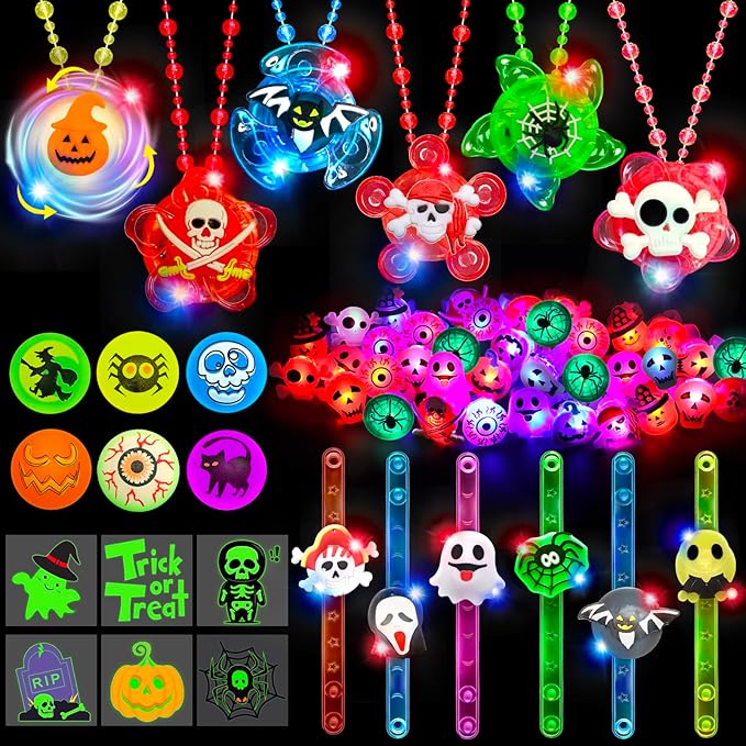84 PCS Halloween Party Favors for Kids, Halloween Glow in The Dark Toys Bulk Light Up Necklace Bracelet LED Rings Halloween Goodie Bag Fillers Treats for Classroom Prizes Trick or Treat Gifts Game
