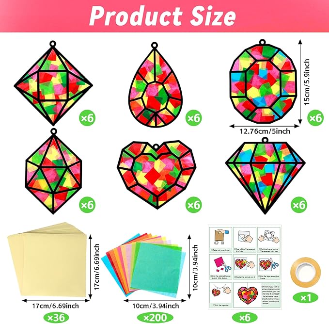 Qyeahkj 36 Set Jewel Suncatchers Crafts for Kids DIY Diamond Window Tissue Paper Craft Kit Jewel Hanging Decor for Summer School Home Activity Art Project Birthday Party Favor Gift