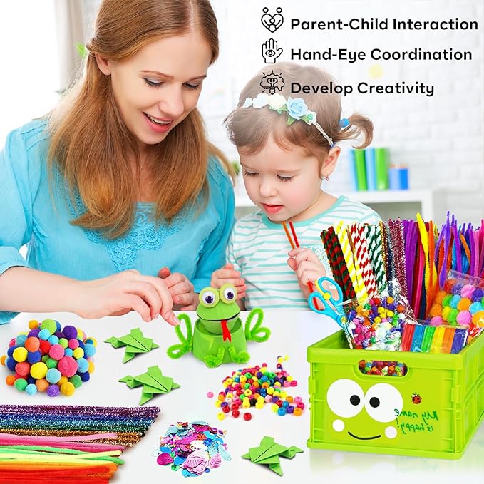 FUNZBO Arts and Crafts Supplies for Kids - Craft Kits with Pipe Cleaners, Popsicle Stickers, Construction Paper, Pom Poms & Googly Eyes, Birthday Gifts for Girls & Boys Age 4+