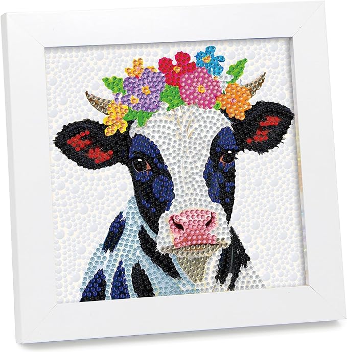 geesfayan Diamond Art Kits for Kids Ages 8-12,6 Inch DIY Gem Art Painting with 7 Inch Frame, Complete Starter Kit for Beginners, Creative Arts & Crafts Gift for Girls & Boys (Black White Cow)