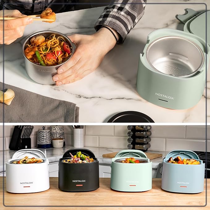 Nostalgia Portable 20-Ounce Electric Heated Lunch Box – Travel Size 2.5 Cup Capacity for Soup, Chili, and Leftovers – Leak Proof Silicone Sealed Lid, Foldable Carry Handle, Detachable Cord – Sage