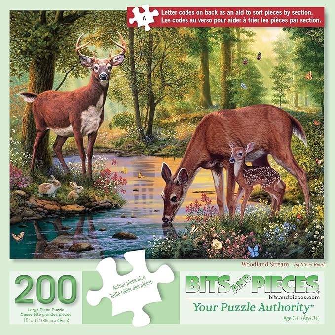 Bits and Pieces – 200 Piece Jigsaw Puzzle for Adults – Woodland Stream - Large Lettered Pieces Deer Family Jigsaw Puzzle, Completed Puzzle Size: 15" x 19"