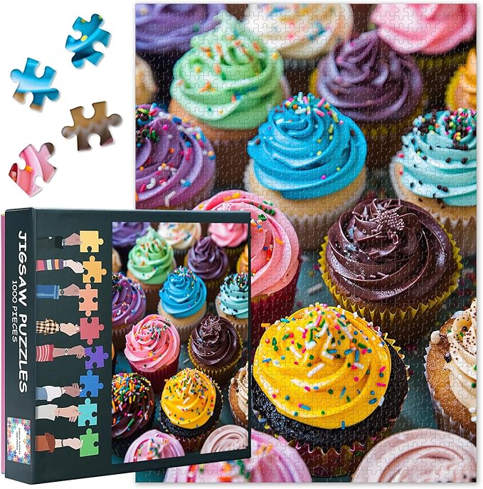 1000 Piece Puzzle for Adults - Rainbow Cupcake Party Jigsaw Puzzles, Playful Dessert Artwork Adult Puzzles 1000 Pieces, Collectible Foodie Puzzle Board - 27.5x19.7 Inches