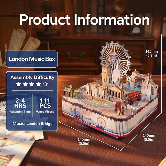 Tonecheer Wooden Music Box Puzzle for Adults,DIY Rotating Music Box Kit 3D Creative Musical Puzzle Crafts Model Building Kits Desk Decor for Teens Kids Birthday Gift (London Music Box)