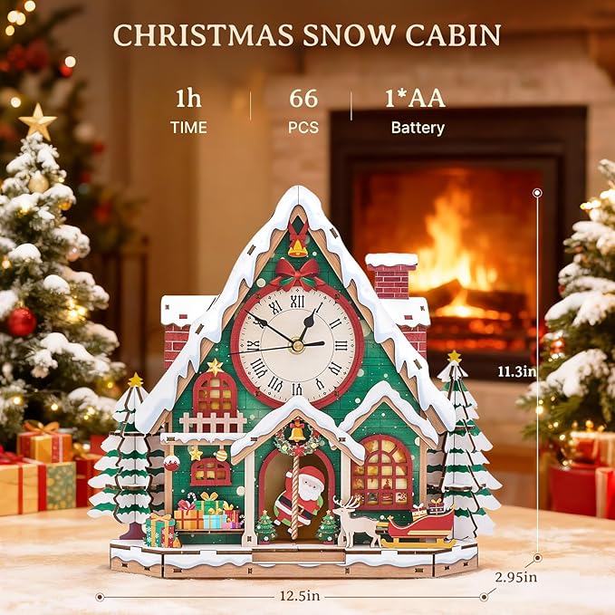 KAAYEE 3D Puzzle for Adult, Wooden Christmas Cabin Pendulum Clock Mechanical Model Kit, 66 PCS DIY Vintage Wall Clock Building Kit, Creative Craft Gift for Birthday Home Decor (Battery Not Included)