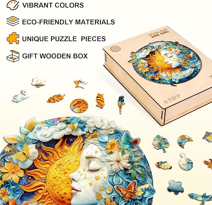 WOODBESTS Wooden Puzzles for Adults, Moon Sun & Girl Wood Puzzles Adult(275 Pieces, L, 13.4 * 13.4in), Unique Shape Wooden Animal Jigsaw Puzzles, Birthday Gifts for Adults Family Game