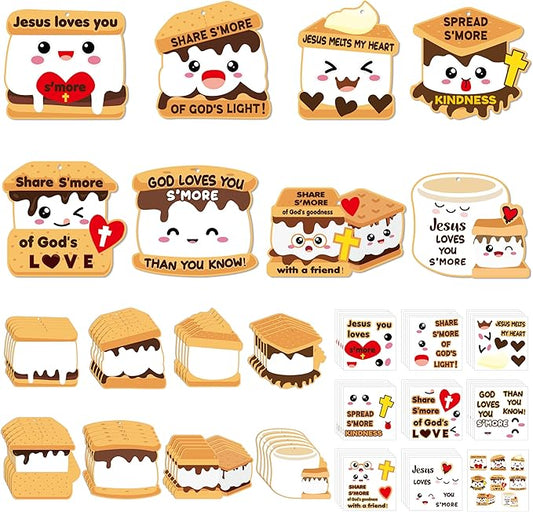 ANGOLIO Marshmallow Religious Ornament Craft Kit - 123Pcs Jesus Loves You S'More DIY Paper Craft Kit Make Your Own Marshmallow Hanging Ornament with Sticker for Kids VBS Sunday School DIY Art Activity
