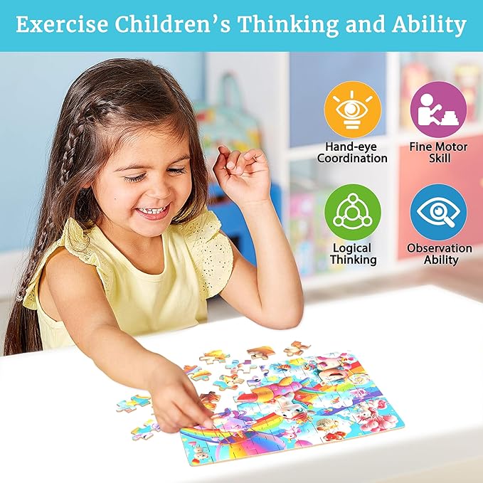 Rainbow Horse Unicorn Puzzles for Kids Ages 4-8, 60 Pieces Jigsaw Puzzles for Kids Ages 3-5 Puzzle for Girls and Boys Learning Educational Puzzles Toys in a Metal Box