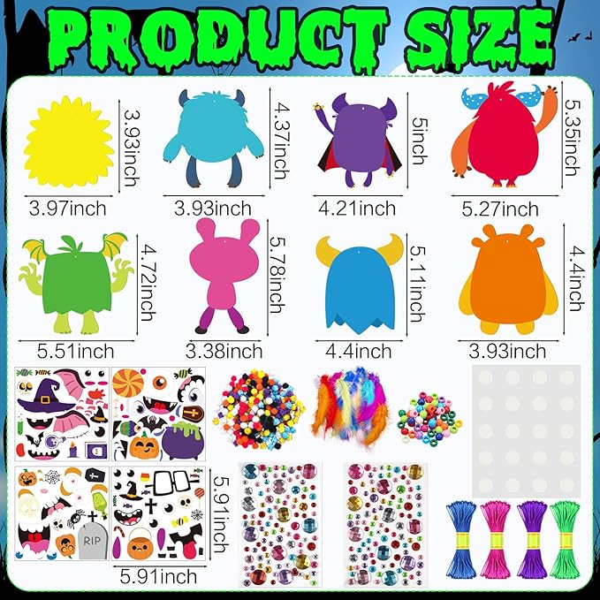 48 Sets Halloween Monster Crafts Kits Halloween Fall Craft Bulk DIY Monster Ornaments Necklace Feather Ball Sticker Beads Pom Arts and Crafts Classroom Activities Art Project Party Favors