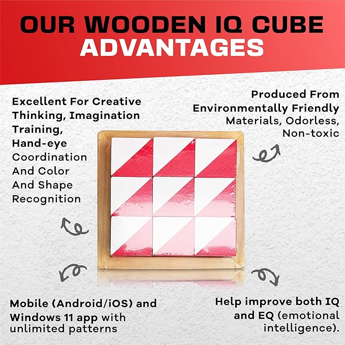 PrfcNL IQ Test Blocks - 9 wooden cubes in white and red with 60 patterns and mobile app, ideal for WISC, WAIS, WPPSI prep,educational STEM Montessori gift toy for All Ages Challenge