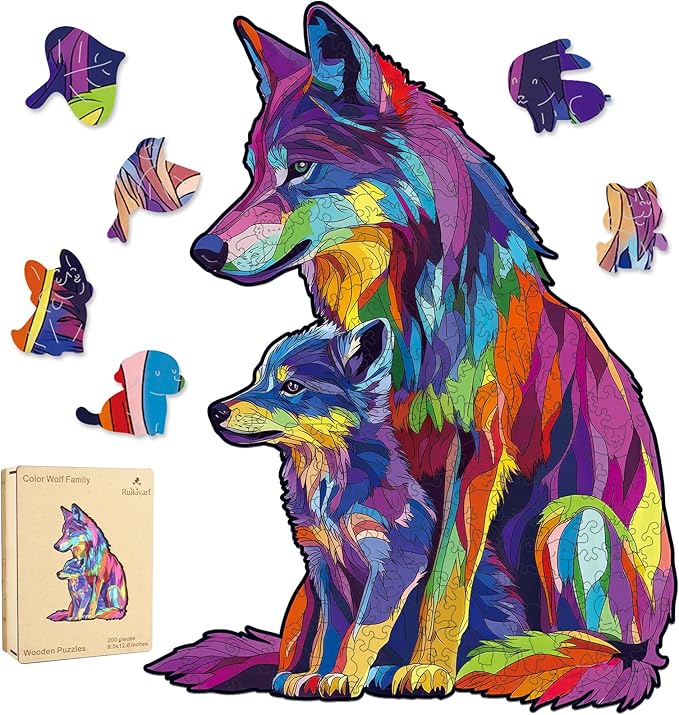 Wooden Puzzles for Adults, 5MM 200 Pieces Color Wolf Family Wooden Jigsaw Puzzles, Animal Puzzle Unique Shaped Gifts for Adults and Kids on Thanksgiving, Christmas Family Puzzle Games (9.5"*12.6")