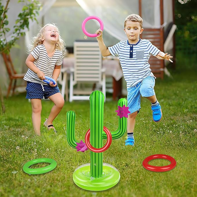 Pool Games Set-8 Inflatable Rings,Inflatable Basketball Hoop,Cactus Toss Game,Cross Toss Game and 2 Inflatable Small Basketballs-Perfect Water Toys for Kids,Teens and Adults