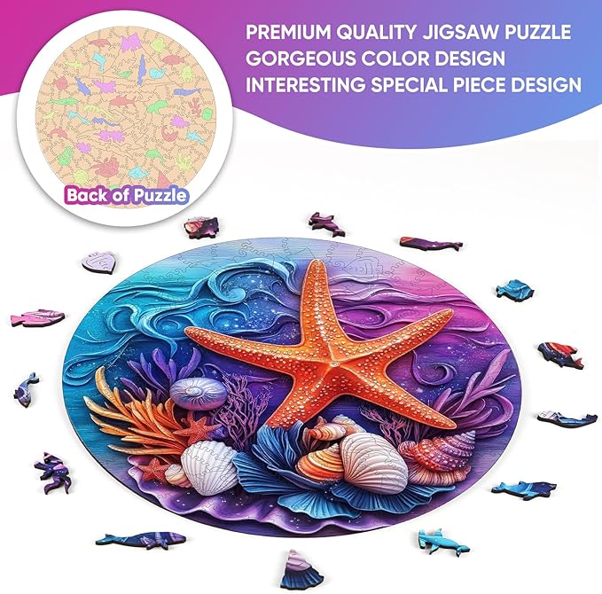 delobil Wooden Puzzles for Adults, Seashell Starfish Jigsaw Puzzles 200 Pieces, Unique Shape Summer Puzzles with Wooden Box, 11.2 x 11.2 Inches Family Puzzles Game Gift for Adults and Kids