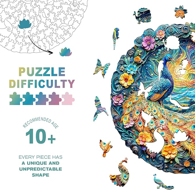 Wooden Puzzles for Adults - Unique Animal Shaped Peacock Puzzle, 3D Vision Wooden Jigsaw Puzzle, Christmas Birthday Gifts for Friends/Family, Home Decor 13.4 * 13.4in 300pcs
