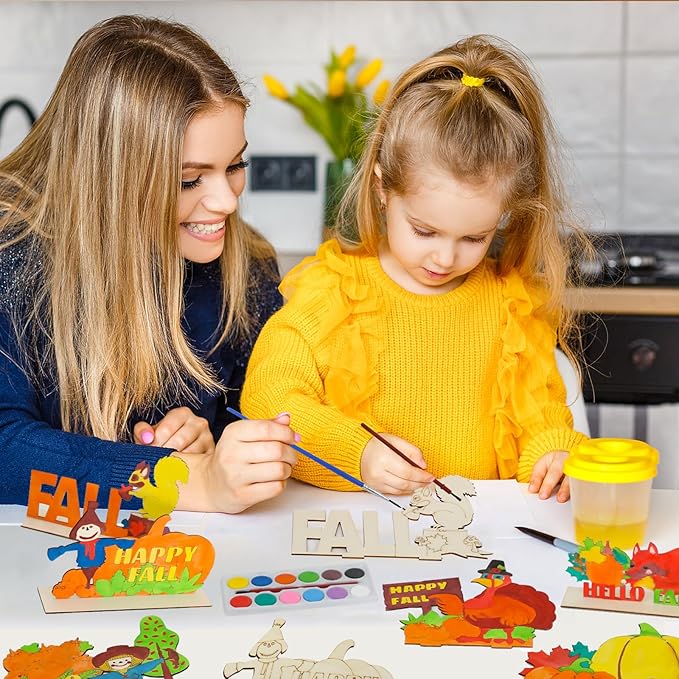24 Pcs Fall Crafts for Kids Bulk, Fall Arts and Crafts Kits, Thanksgiving Fall Wooden Painting Crafts for Boys Girls Fall Activities Harvest Party Favors Home Classroom DIY Table Decorations