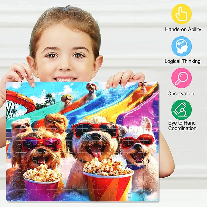LELEMON Funny Puppy Puzzles for Kids Ages 4-8,100 Pieces Fun at The Amusement Park Dog Jigsaw Puzzles in a Metal Box,Fun Animal Pet Learning Educational Toys for Boys Girls