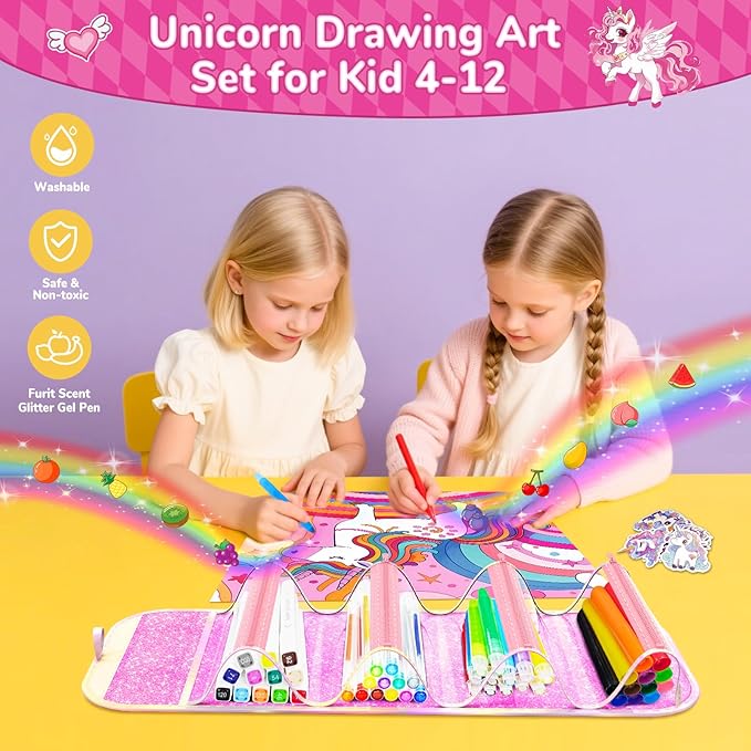 70PCS Unicorn Washable Markers Set with Glitter Pencil Case,Art Supplies for Kids Ages 4-6-8,Drawing Coloring Art Craft Kits for Girls with Marker,Glitter Pens,Crayon,Birthday Gifts Toys for Girls