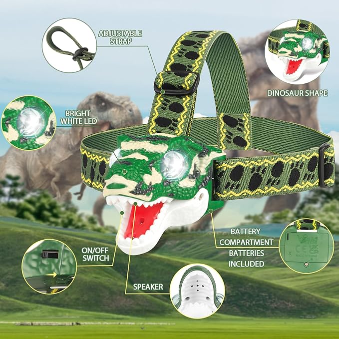 Dinosaur Headlamp for Kids Flashlight T-Rex LED Headlights Outdoor Toys Camping Essentials Gift for Boys Girls ages 3 4 5 6 7 8 9 10+ Years Old Toddlers Birthday Easter Halloween Christamas toy