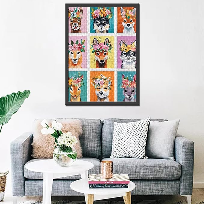 1000 Piece Jigsaw Puzzles for Adults Running Cute Animal Painting Jigsaw Puzzle Fox with Floral Crown Puzzles for Challenging Family Activity Wildlifer Art Puzzle Wall Decor Boho Gift (Colorful)