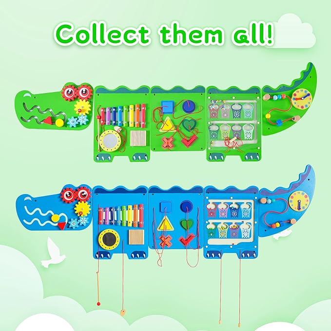 Crocodile Sensory Toys Activity Wall Panels - Montessori Busy Board, Toddler Learning Panel, Wall-Mounted Playroom/Daycare Educational Toys, Interactive Wooden Gift for Kids 3-6, Green