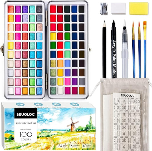Watercolor Paint Set 100 Colors, Travel Watercolor Set with Portable Carrying Case, Papers, Brushes and Accessories, Ideal for Artists, Amateur Hobbyists and Painting Lovers