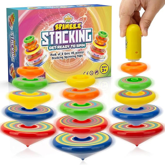 IPIDIPI TOYS Spineez Stacking Spinning Tops for Kids – Set of 3, 15-Piece UFO Spinner Toys – Ideal Birthday Party Favors, Goodie Bag Stuffers, School Prizes, Classroom Rewards for Boys & Girls