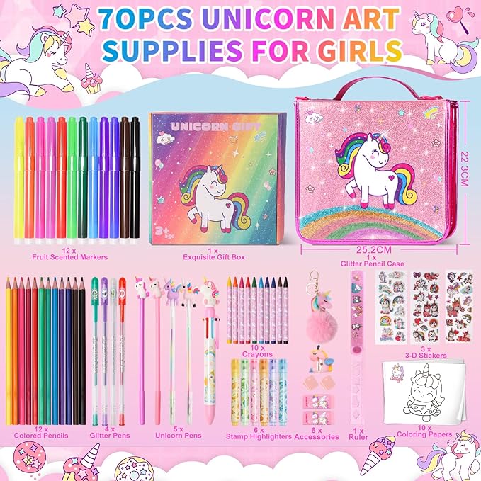 70Pcs Fruit Scented Markers Kit - Kawaii Stationery Set with Unicorn Pencil Case, Art Coloring Drawing Kit for Kid Include Marker, Pencil, Crayon, Pen, Eraser, Sticker, Unicorn Gift for Girl 4-12 Year