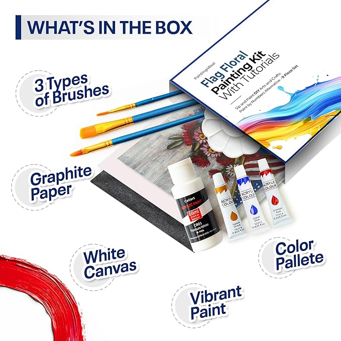 Painting4Real DIY Painting Class Kit for Adults: Learn to Paint Flag Floral with Video Tutorials – Art Decoration for Independence Day – Hang This Picture/Art as Wall Decor Once Completed