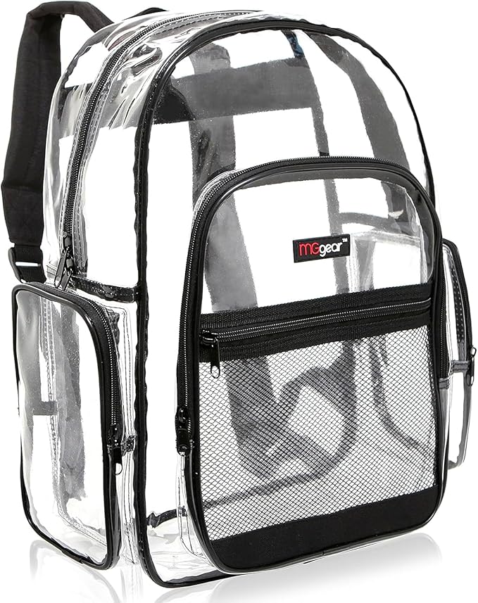 17 Inch Clear PVC Backpack with Black Trim and 5 Zipper Compartments, Transparent School Bookbag for Boys Girls, Travel or Work Bag for Men Women