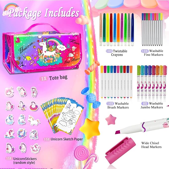weirtoya 70 PCS Washable Scented Markers Set with Glitter Pencil Case, Mermaid Unicorn Arts and Crafts for kids 4-6-8 Kids Coloring Drawing Kits for 4-8 Years Old Girls Birthday Gifts