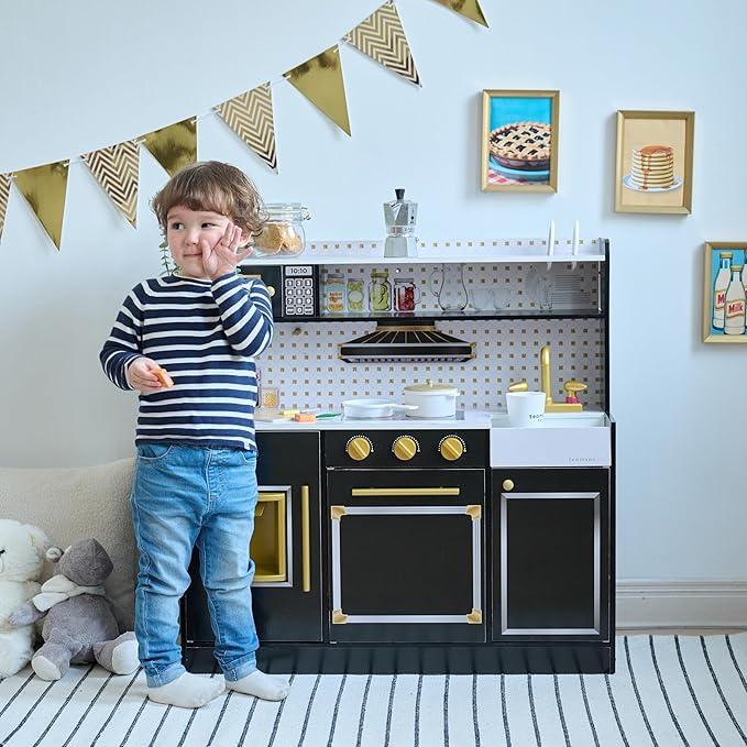 Teamson Kids Wooden Play Kitchen for Toddlers with Accessories, Pretend Cooking Set for Kids Age 3+, Black Toy Kitchen Playset, Retro Design, Realistic Features for Boys & Girls, St. Louis Collection